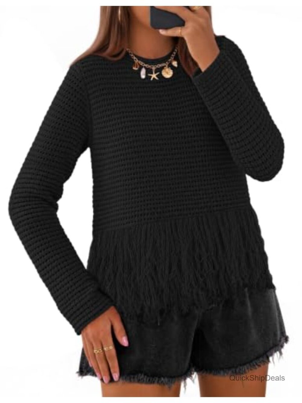 Crochet Fringe Sweater Peplum Boho Pullover Long Sleeve Knit Top